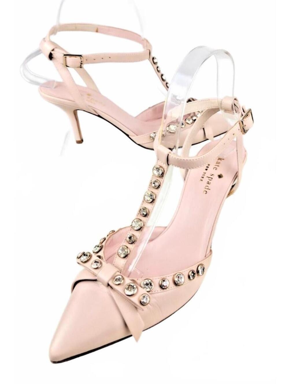 Kate Spade Nude Leather T-Strap Pumps Rhinestone Bow Heels 6B Italy
